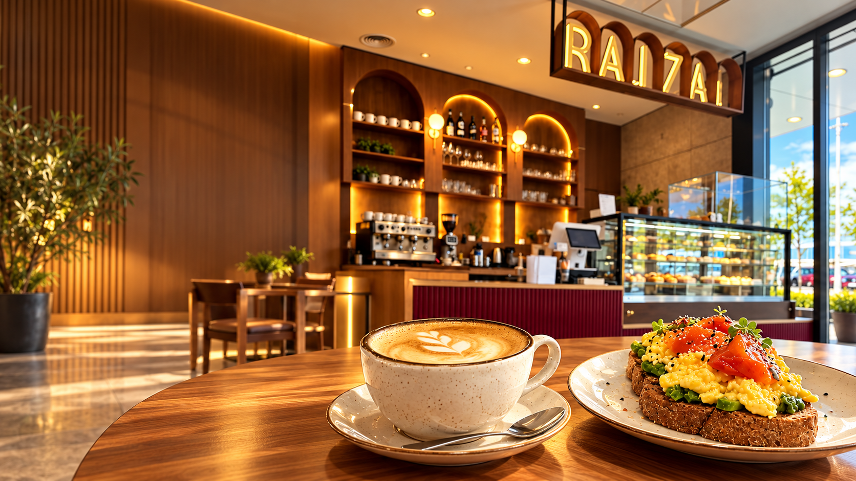 Interior de Raizal con un café y una tostada en primer plano
